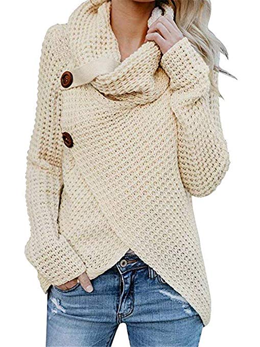 Pxmoda Womens Chunky Cowl Neck Sweater Casual Wrap Knitted Pullover Coat with Button