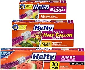 Hefty Variety, 1 Hefty Slider Bag, Jumbo, 2.5 Gallon, 10 CT, 1 Hefty Slider Bags Half Gallon, 32 CT, 1 Hefty Slider Bags, Quart, 20 CT, 1 CT