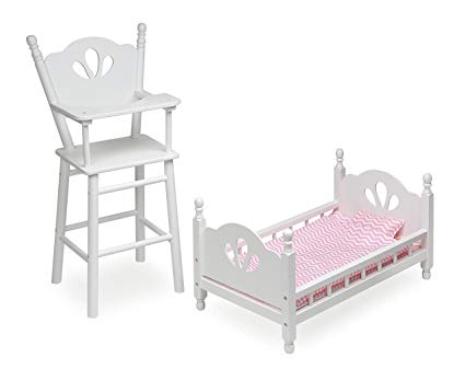 Badger Basket English Country Baby Furniture High Chair/Bed Playset (fits American Girl Dolls), White/Pink