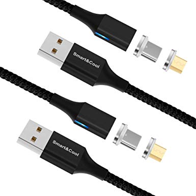Smart&Cool 5 Feet GenX Nylon Braided 2 in 1 Magnetic Fast Charging & Data Sync Cable Compatible with USB-C Phones and Micro-USB Phones and Tablets (Black-2Pack)