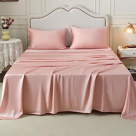 Jepson 100% Lyocell Soft Silky Like Cooling Solid Bedding Sheets & Pillowcases Set for Bed Hotel- 4 Pc (2 Zipper Pillowcases, 1 Flat Sheet, 1 Fitted Sheet) Fits Mattress 16" Deep Pocket,Queen Pink