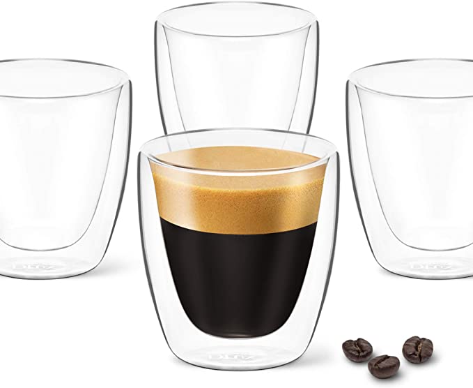 DLux Espresso Coffee Cups 3oz, Double Wall, Clear Glass Set of 4 Glasses, Insulated Borosilicate Glassware Tea Cup