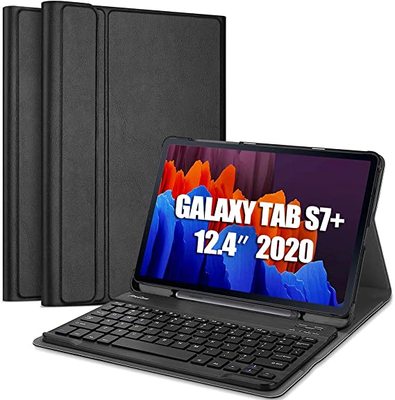 ProCase Galaxy Tab S7 Plus Keyboard Case 12.4 inch 2020 (Model SM-T970/T975/T976) with S Pen Holder, Lightweight Smart Cover with Magnetically Detachable Wireless Keyboard for Galaxy Tab S7  -Black