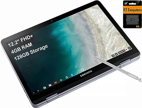 SAMSUNG Chromebook Plus V2 360 12.2" FHD  2-in-1 Touchscreen w/Dual Webcam (Intel Celeron 3965Y, 4GB RAM, 128GB (64GB eMMC 64GB SD Card), Stylus Pen) Home & Education Laptop, IST SDCard, Chrome OS