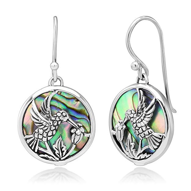 925 Sterling Silver Hummingbird Drinking Flower Nectar Abalone Shell Round Dangle Hook Earrings 1.3"