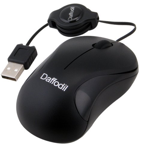 Daffodil WMS108B Wired Optical Mouse - 3 Button PC Mouse with Scrollwheel and Retractable USB Cable - For Laptop / Netbook / Desktop Computers - Supported by: Microsoft Windows (8 / 7 / XP / Vista) and Apple MAC (OS X  ) - No Batteries Needed