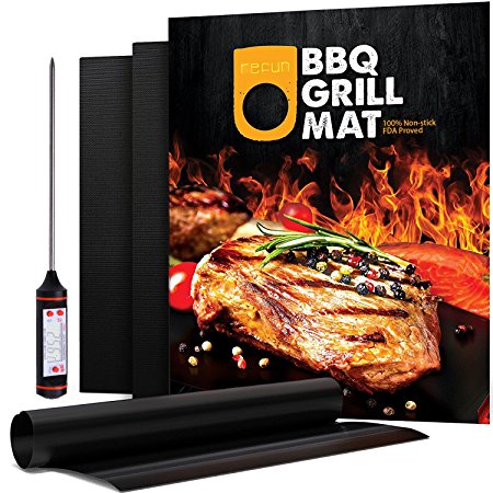Refun BBQ Grill Mat Set of 3, FDA Approved Non-stick Baking Mats, 16 X 13 Inch, Works on Gas, Charcoal and Electric Grills etc, Free Grill Thermometer Included