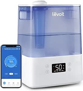 LEVOIT - Top-Fill Humidificador Ultrasónico 6L Vapor Frío Bébes Aceite Esencial, Dura 60H a 47m², 300S Blue, Silencioso 26dB, Modo Auto, Compatible con Alexa y APP, Luz Nocturna y LED Pantalla, Azul