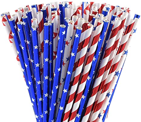 ALINK American Flag Red Blue White Paper Straws, 100 Biodegradable Straws for Memorial Day /4th of July, Super Bowl, Patriotic Party, Americana Themed Party Celebration and Holiday