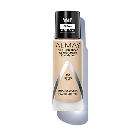 Almay Skin Perfecting Comfort Matte Foundation, Hypoallergenic, Cruelty Free, Fragrance Free, Dermatologist Tested Liquid Makeup, Neutral Buff, 1 Fluid Ounce