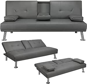 Yaheetech Divano Letto con 2 Cuscini Mobile in Ecopelle Divano Convertibile in Letto Arredamento Pieghevole 3 in 1 con Supporto Centrale Porta Bicchieri 167 × 81,5 × 75 cm da Soggiorno Grigio