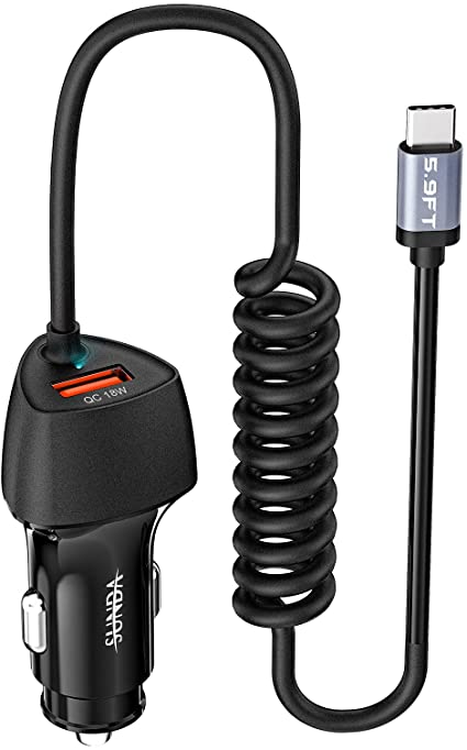 SUNDA USB C Fast Car Charger 38W Dual Ports, Built-in 5.9FT Type C Phone Charger Cable, USB-C Port Charger with PD20W and QC18W, Compatible with Samsung Galaxy S21/S20/A11 /A10e/A20/A51/A31/S10/Note20