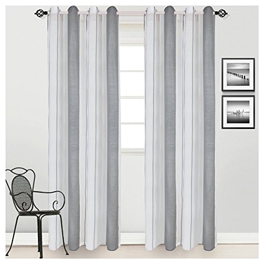HOMTOD Grey Stripe White Sheer Voile Window Curtain Panel For Living Room