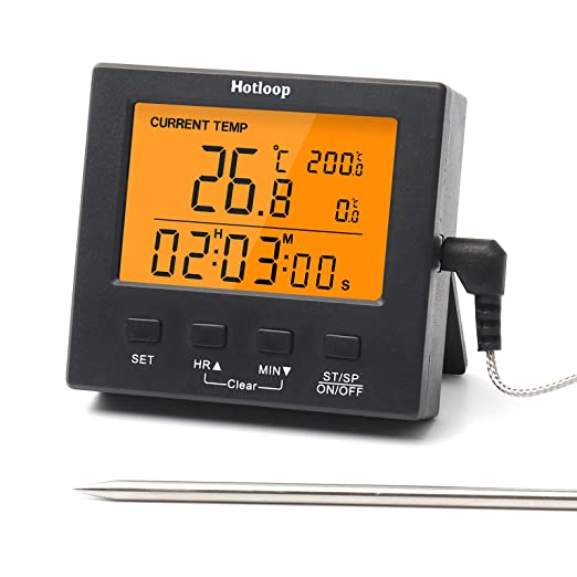 Digital Meat Oven Thermometer Hotloop Kitchen Thermometer with High/Low Temp Alarm, Kitchen Timer, Backlight LCD, Grill Temperature Probe Thermometer for Smoker BBQ, Temperature Range -58-572° F