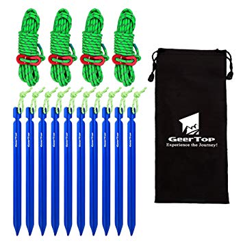 Geertop 10 Pack 7-in Aluminum Tent Pegs Stakes & 4 Pack 4mm Reflective Guy Lines with Cord Adjuster & Pouch for Hiking Camping Mountaineering