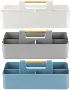 EZOWare Set of 3 Plastic Stackable Caddy Tote Set, Large Storage Organizer Bins with 5 Compartment Divider and Handle for Makeup, Vanity, Bathroom, Office Supplies, Crafts, Nursery - 3 Colors