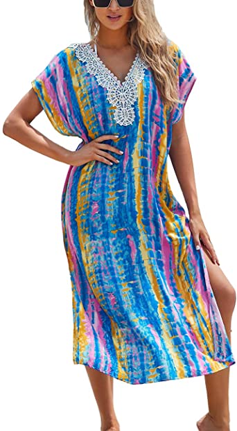 Bsubseach Women's Print Turkish Kaftan Beachwear Bikini Cover Up Maxi Dress