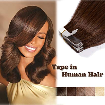 Tape in Human Hair Extension 16'' Medium Brown(#4) Long Straight 100% Remy Hair Bonding Double Sided Tape Professional Seamless Skin Weft Hair 20pcs/30g + 10pcs Free Tapes