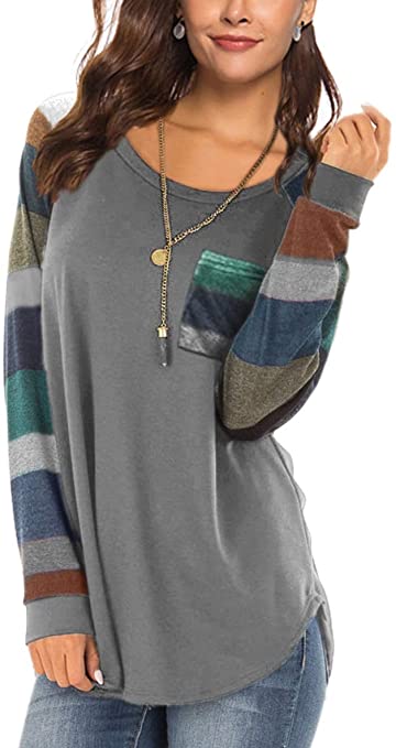 Aokosor Women’s Long Sleeve Spring Color Block Sleeve Tunic Tops