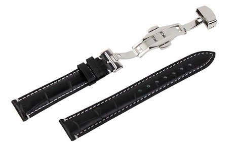 22mm Alligator Grain Leather Watch Band Strap Push Button Deployment Clasp Contrast Stitch Color Black