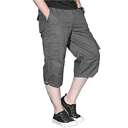 Ivnfout Men's Long Shorts Elastic Cargo Shorts Below Knee Capri Pants Loose Fit with 6 Pockets 3/4 Cotton Cargo Shorts