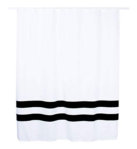 FEELOVE Polyester Fabric Shower Curtain, White with Black Stripes, 70x70 inches, with 12 Hooks(White/Black)