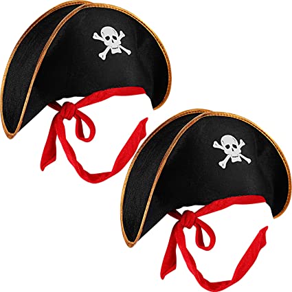 2 Pieces Pirate Hat Skull Print Pirate Captain Costume Cap Black Outfit Accessory for Caribbean Fancy Dress