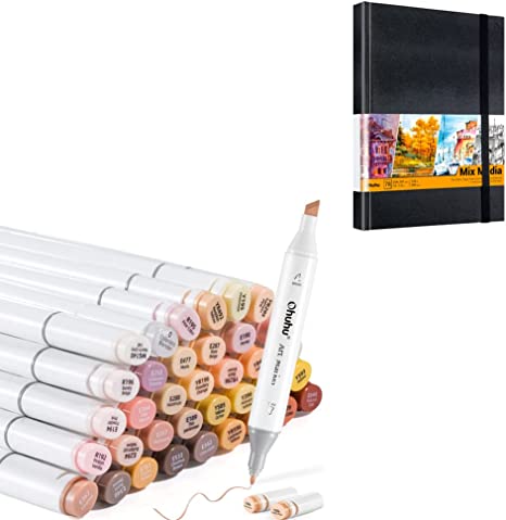 Ohuhu Alcohol Markers Skin Tones Mix Media Pad, Ohuhu 10"x7.4" Mixed Media Art Sketchbook