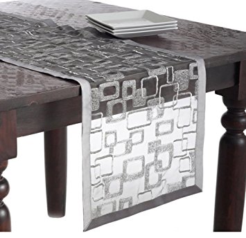 Fennco Styles Mondrian Embroidered Geometric Design Table Runner (16"x72", Silver)