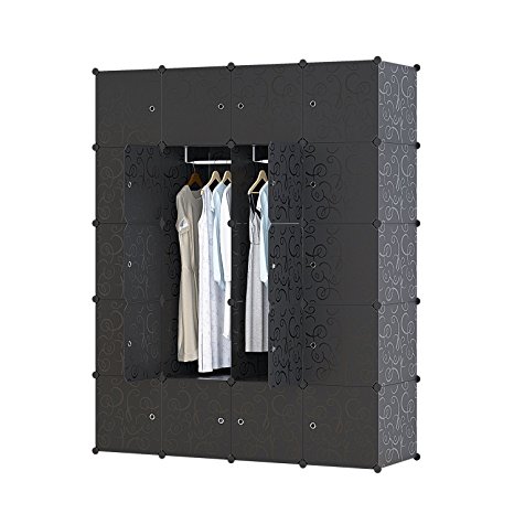 UNICOO - Multi Use DIY Plastic 20 Cube Organizer, Bookcase, Storage Cabinet, Wardrobe Closet Black with Black Door (Deeper Cube- Black Doors)