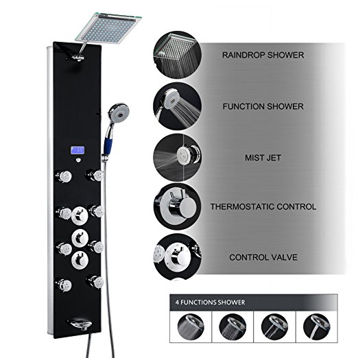 AKDY 52" Tempered Glass Shower Panel Rain Style Thermostatic Control Massage System