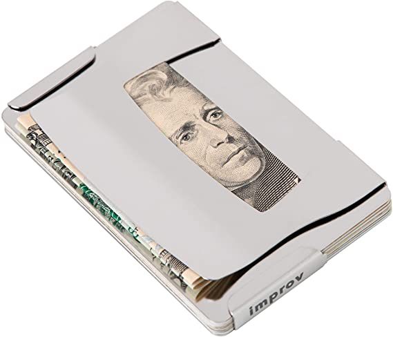 Improv Stainless Steel Minimalist Wallet - Money Clip, Phone Stand, Bottle Opener, Credit Card Holder - 2 RFID Blocking Plates - Slim and Sleek Design with, Fits Back and Front Pockets