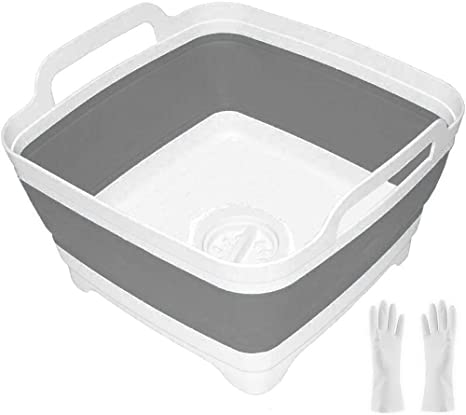 Dish Basin Collapsible with Drain Plug Carry Handles for 9.3L Capacity, Foldable Sink Tub, Dish Wash Basin, Portable Dish Tub, Collapsible Dishpan for Camping Dish Washing Tub and RV Sink (Gray)