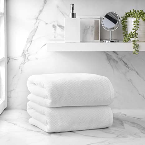 Welhome Franklin 100% Cotton Textured Towel (White) - Set of 2 - Highly Absorbent - Combed Cotton - Durable - Low Lint - 600 GSM - Machine Washable - 2 Bath Sheet