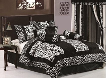8 Piece Safari - Zebra - Giraffe Print Bed-in-a-bag Black & White Micro Fur Comforter Set, Full (Double) Size Bedding