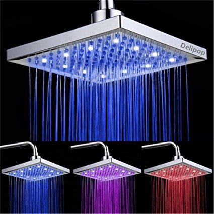 DELIPOP HN-11 LED Fixed Shower Head Temperature 3 Color Changing 8 inch Square ABS Chrome Finish 12 Leds For Body Sprays