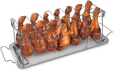 Navaris Soporte para Muslos y alitas de Pollo - Apoyo de Acero Inoxidable para Piezas de Pollo - Accesorio de Parrilla Barbacoa y Horno con Bandeja de Goteo