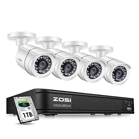 ZOSI Home Security Camera System 1080p,CCTV DVR 8 Channel with Hard Drive 1TB and 4 x Surveillance Bullet Camera 1080p Outside,Remote Access and Motion Detection