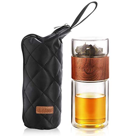 JIAQI Travel Bottles, Glass Tea Tumbler with Strainer and Drinking Cup Lid, 200ml/7oz Tea Infuser Bottle with Free Soft Leather Bag for Loose Leaf Tea Great Gift Idea, Wood Grain