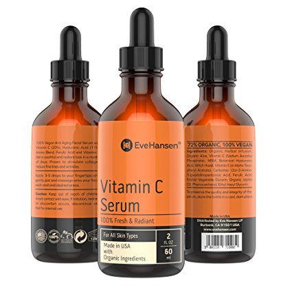 2oz Vitamin C Facial Serum by Eve Hansen - Made in USA with Organic & Natural Ingredients - Top Selling Anti-Aging Serum w/ Hyaluronic Acid & Vit. E - Helps Reduce Wrinkles, Sun Spots & Discoloration