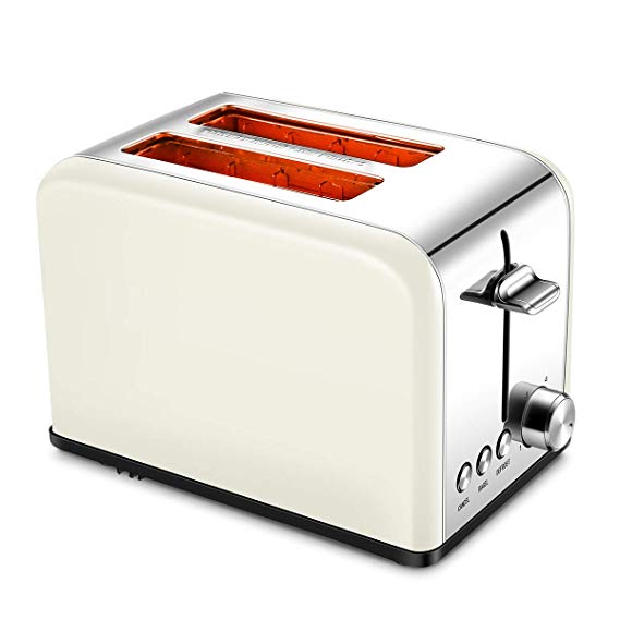 Compact Small Bread Bagel Toasters 2 Slice, Wide Slot Stainless Steel Kitchen Toaster, Cream