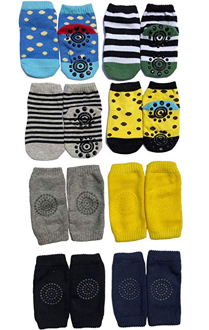 Baby Grip Non Slip Skid Socks & Kneepads Leg Warmers for Kids, Infants, Toddler, Pack of 4
