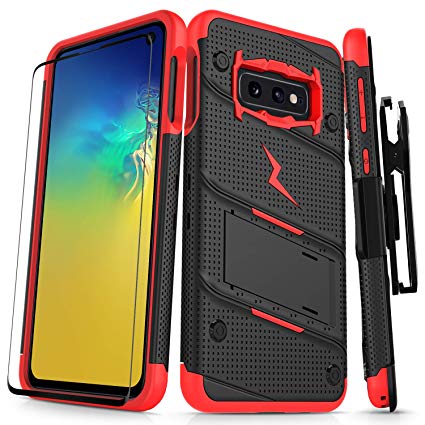 ZIZO Bolt Galaxy S10e Case Heavy-Duty Military Grade Drop Tested Bundle with Tempered Glass Screen Protector Holster and Kickstand Black Red