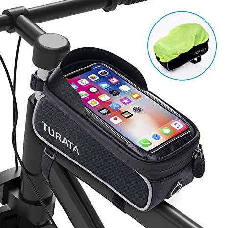 TURATA Bike Frame Bag, Waterproof Bike Pouch Bag, Cycling Front Top Tube Touchscreen Sun Visor Storage Bag with Headphone Hole for iPhone Samsung and other Smartphone Below 6.5 Inch