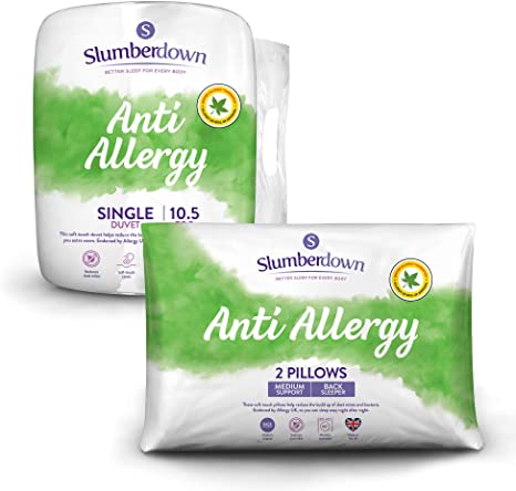 Slumberdown Anti Allergy Duvet, Single, 10.5 Tog All Year Round   2 Medium Support Pillows