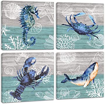 Yatehui Sea Animal Wall Art Ocean Theme 4 Panel Seahorse Whale Crab Lobster Sealife Canvas Prints Bathroom Pictures Ready to Hang 12 x 12 Inches