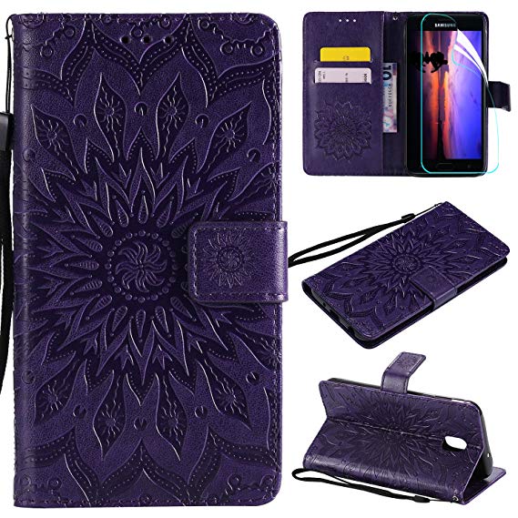 Galaxy J7 2018 Case with Screen Protector,For Samsung Galaxy J7 Aero/J7 Star/J7 Top/J7 Crown/J7 Aura/J7 Refine/J7 Eon Case Flip Case,PU Leather Mandala SUN Flower Wallet Case with Card Slots Purple
