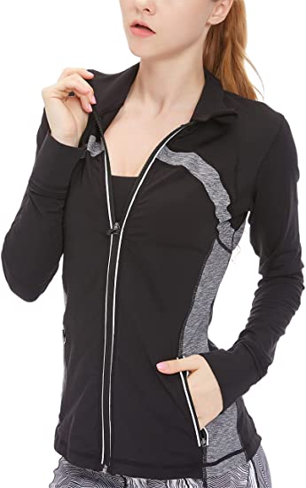 icyzone Women's Running Shirt Full Zip Workout Track Jacket with Thumb Holes