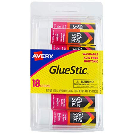 Avery Glue Stic White, 0.26 oz., Washable, Nontoxic, Permanent Adhesive, 18 Glue Sticks (98001)