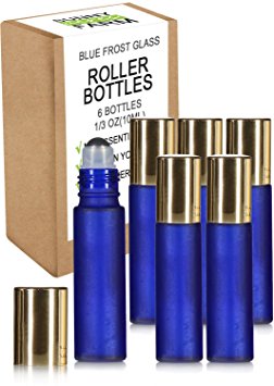 Essential Oils Roller Bottles with Recipe eBook Frosted Cobalt Blue Glass Roll On Bottles for Perfume,Wax,Lip Balm,Essential Oils,Deodorant,10ml,6-Pack (Frosted Cobalt Blue)